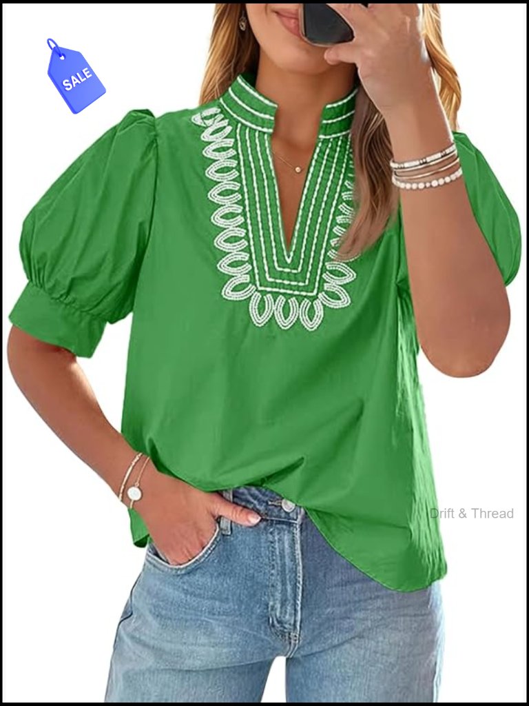 Puff Short Sleeve Blouse Embroidered V Neck Loose Fit Summer Top